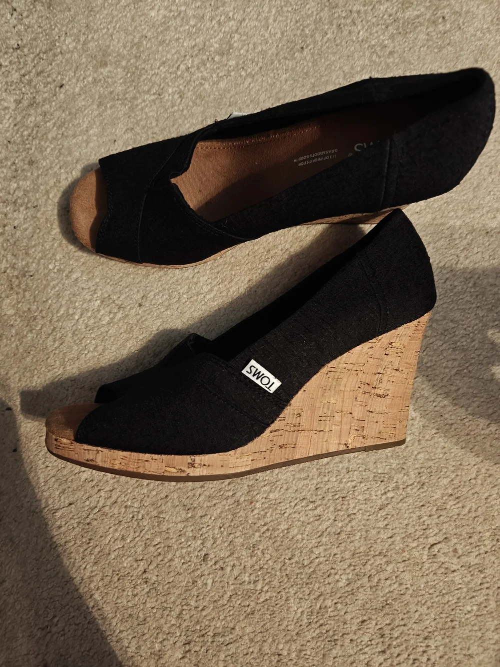 TOMS Black Cork Wedge Peep-Toe Women’s Shoes